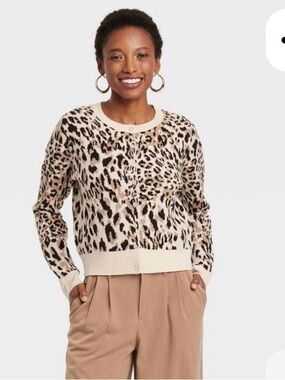 a new day Leopard Print Crewneck Cardigan - Cream, Tan, Black